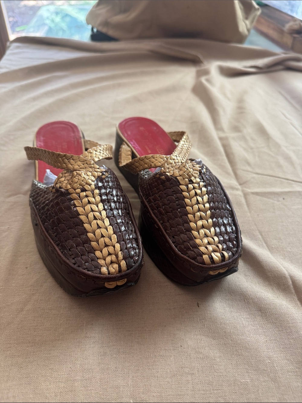 Stephane Kelian Brown and Gold Woven Leather Mules with Red Insole